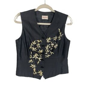 Betty Barclay Black Silk Embroidered Floral Vest Size 8 Gold Thread Lace-Up Back